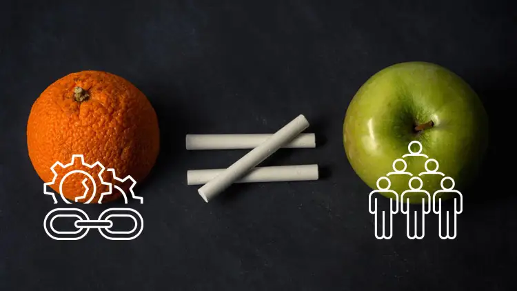 An orange and an apple marked not equal, with a supply chain icon and a customer icon, showing SCM and CRM are different