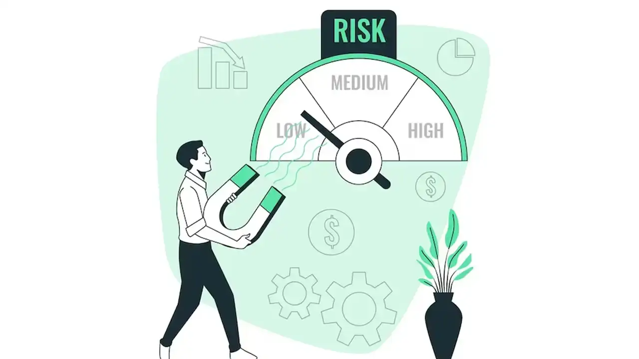 Illustration of a risk meter dial between low and medium, with a person holding a magnet toward it